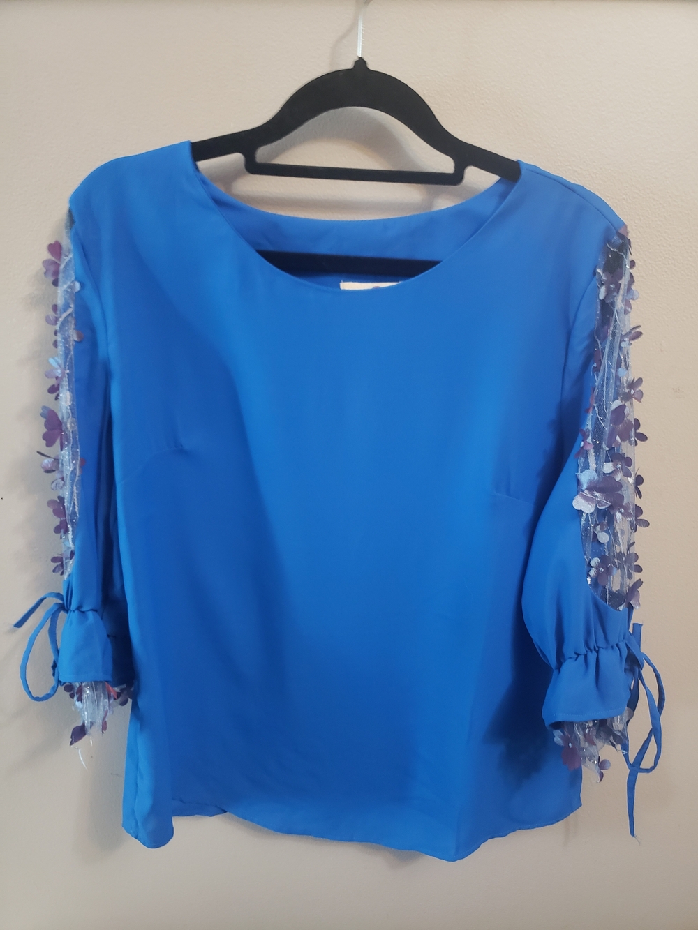 Women’s Royal Blue Blouse with Floral-Trim Sleeves
